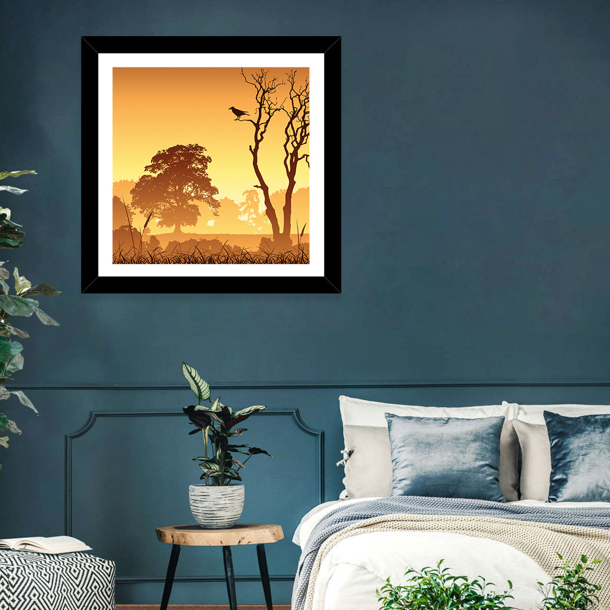Golden Mist Tree Silhouettes with Crow Wall Art in a room, square
