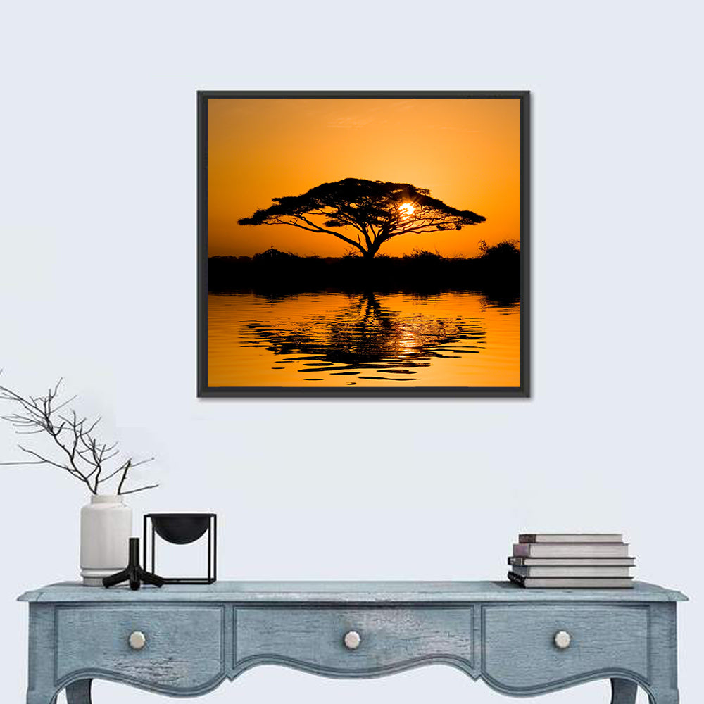 Acacia Tree at Sunrise Wall Art in a room, square