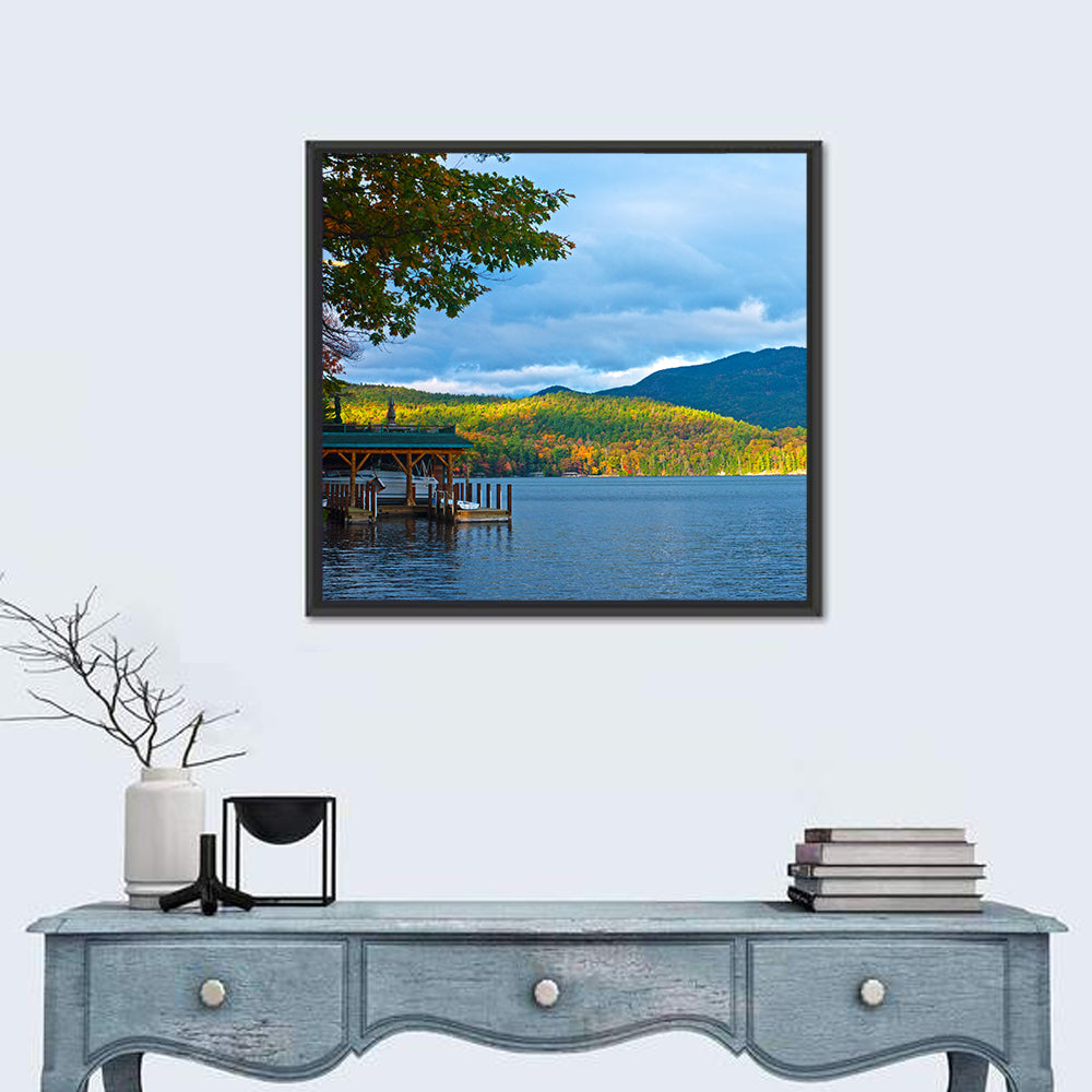 Lake George Boathouse in Autumn Wall Art