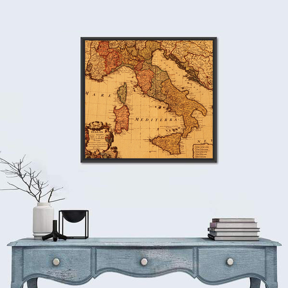 Antique Map of Italy with Ornate Cartouche Wall Art
