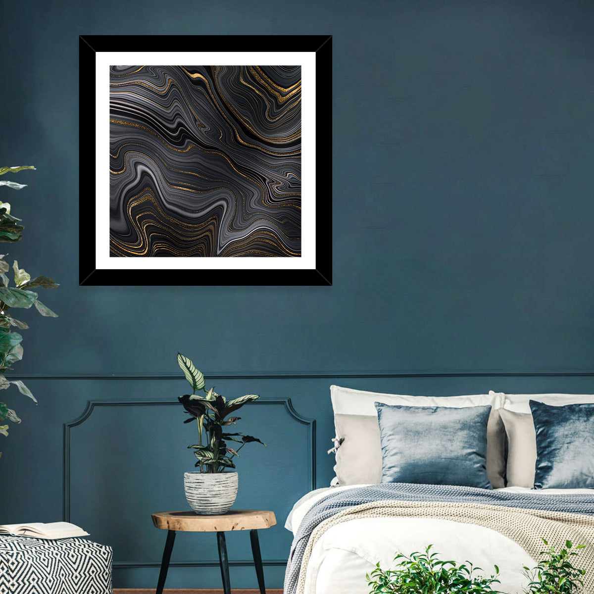 Black Marble with Gold Veins Wall Art in a room, square