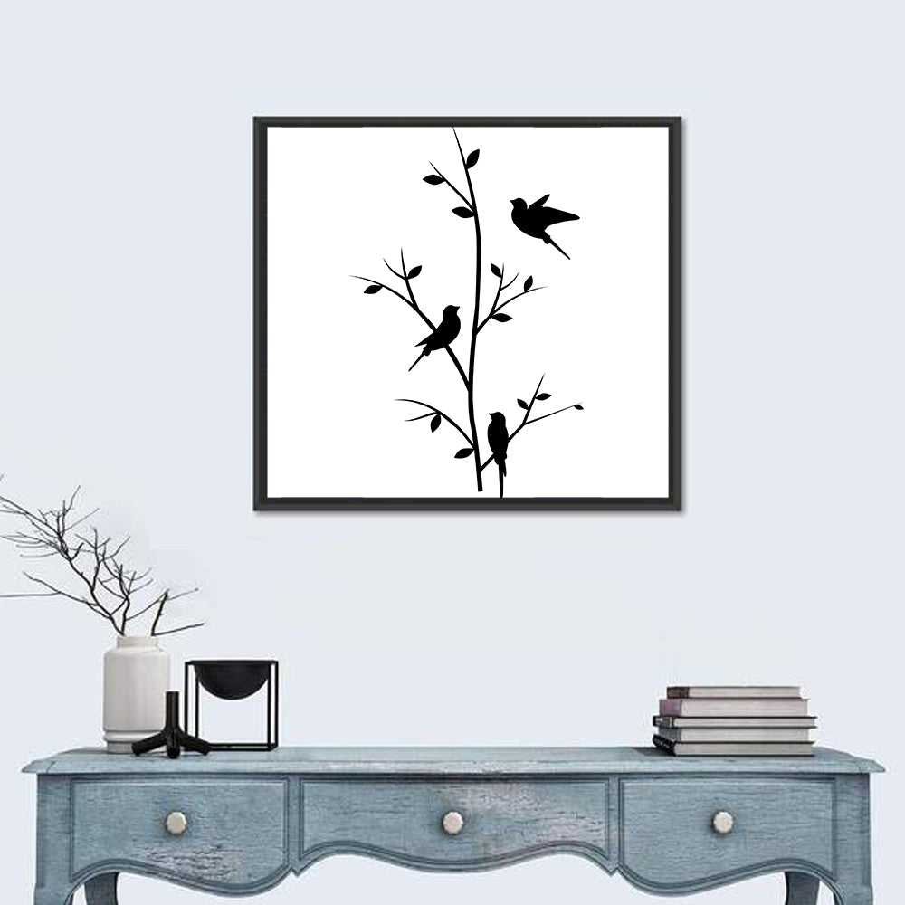 Three Birds on Branch Silhouette Wall Art