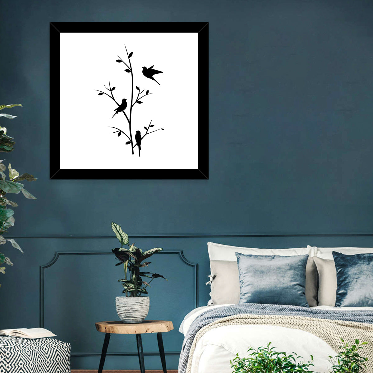 Three Birds on Branch Silhouette Wall Art in a room, square