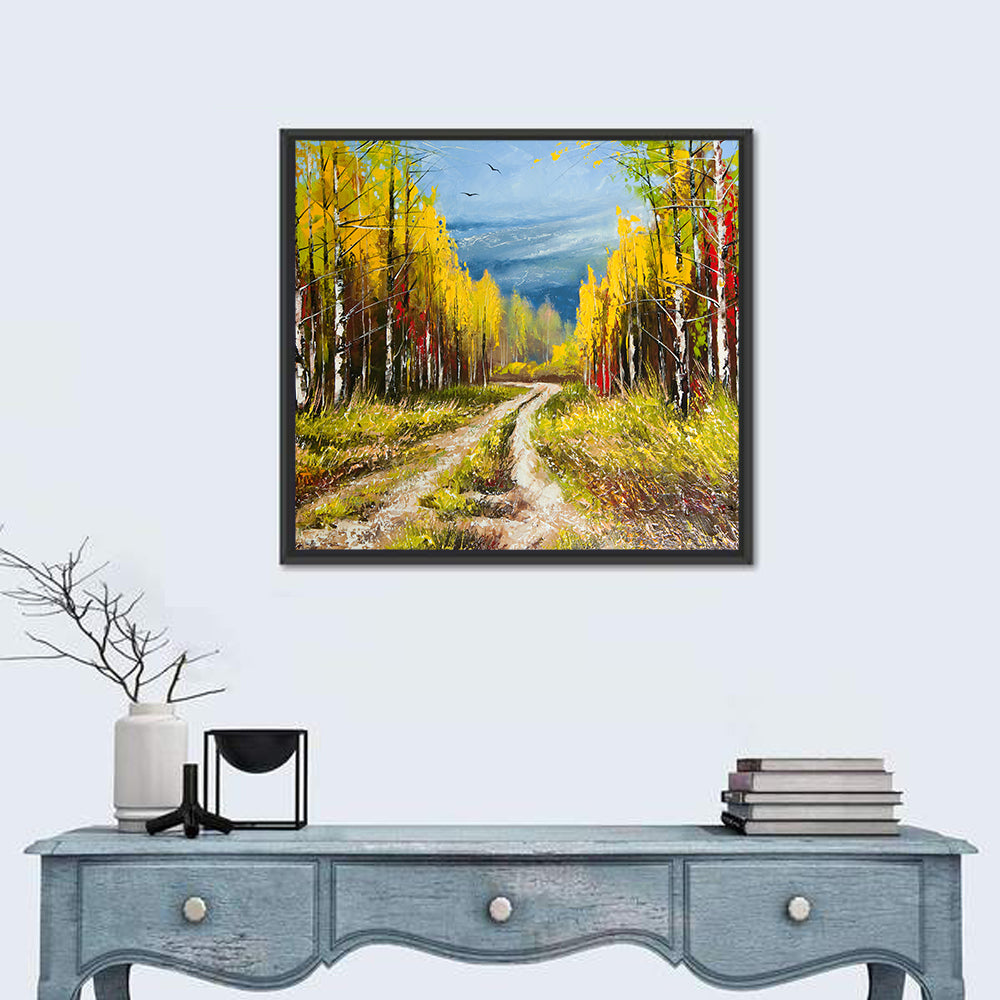 Autumn Birch Path with Two Birds Wall Art