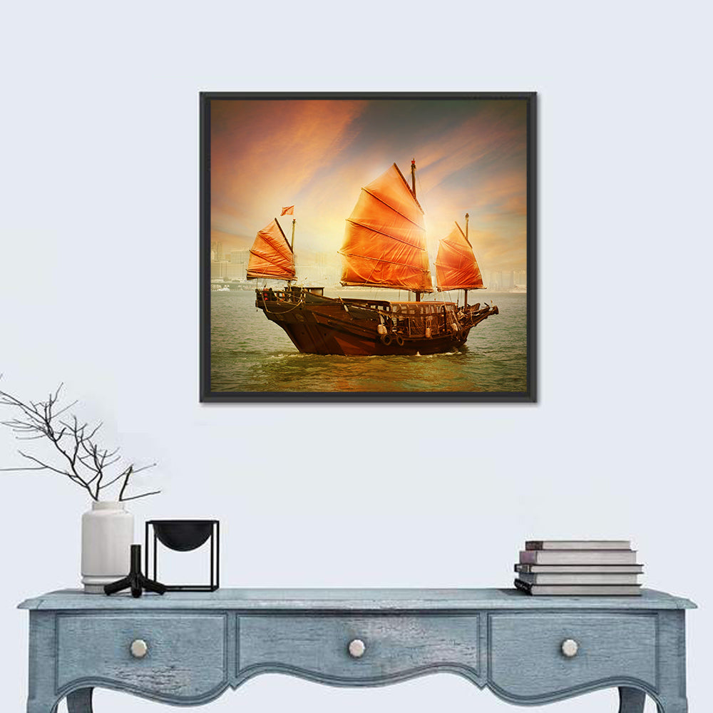 Red Sailed Junk at Victoria Harbour Wall Art
