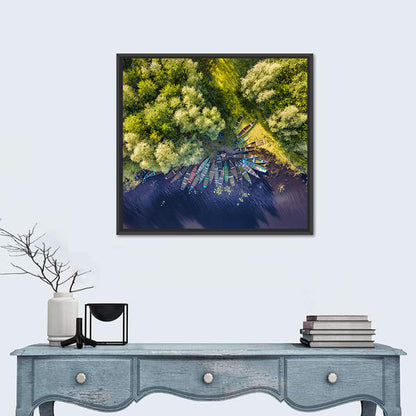 Cluster of Boats Along Forest Shore Wall Art