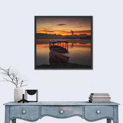 Sunset Fishing Boat on Calm Lake Wall Art