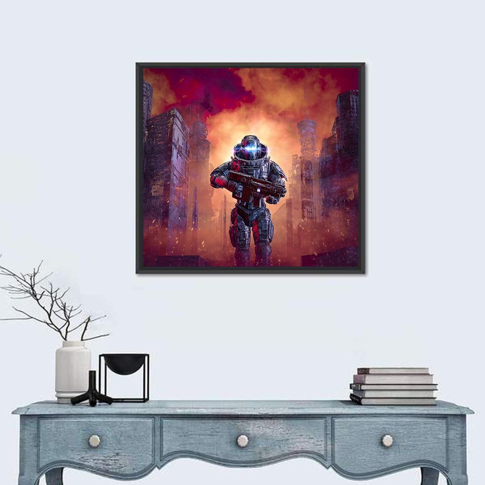 Glowing Visor Cyberpunk Soldier Wall Art in a room, square