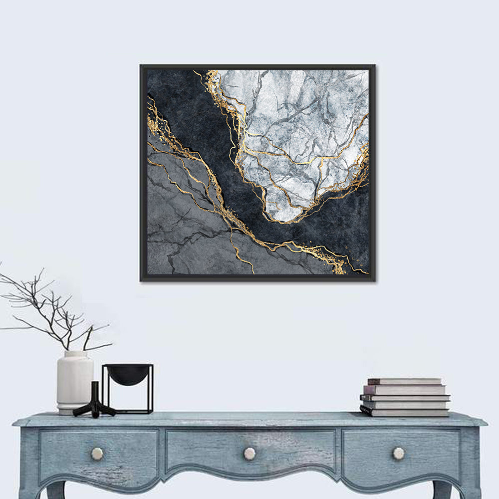 Black Stream Golden Veins Abstract Wall Art in a room, square