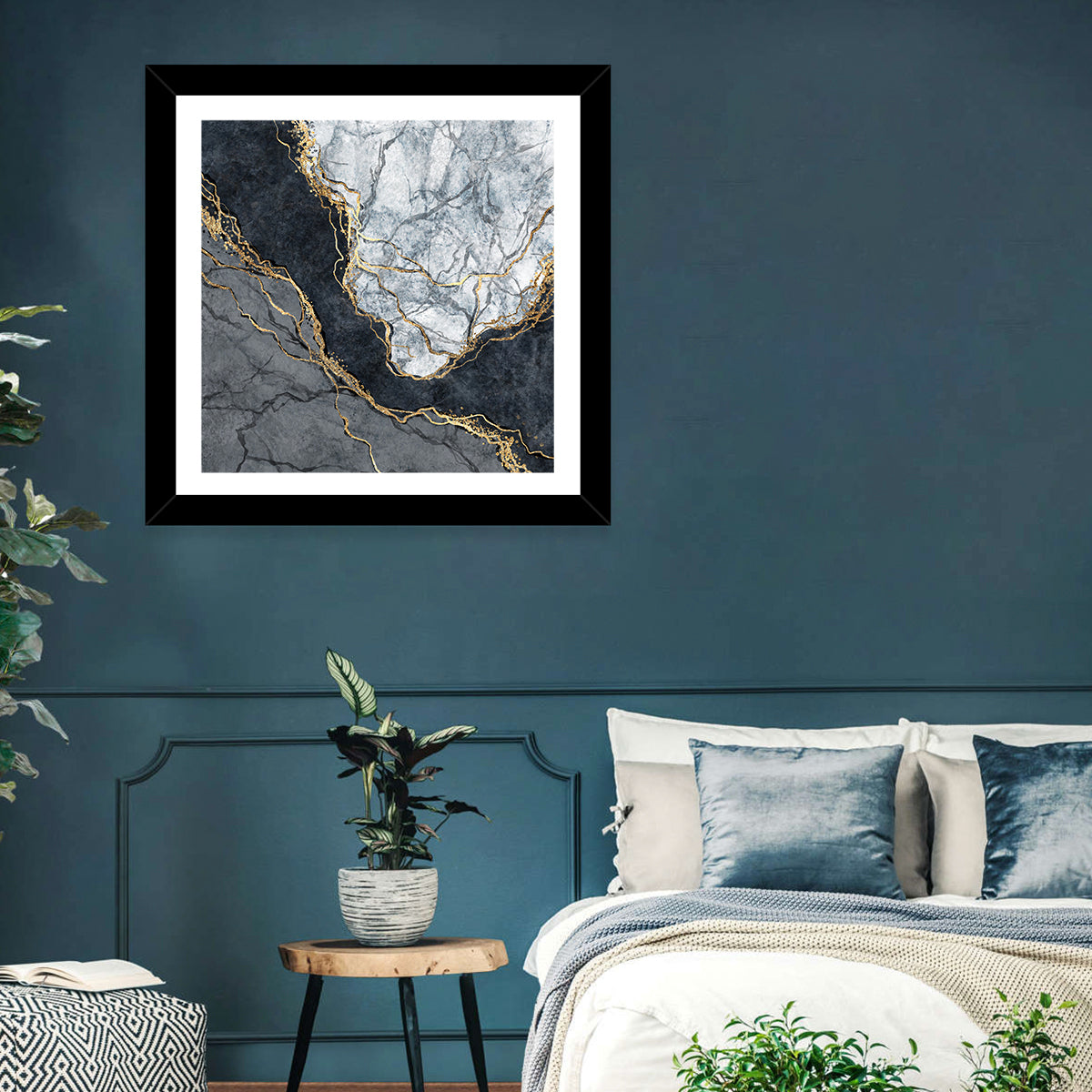 Black Stream Golden Veins Abstract Wall Art in a room, square