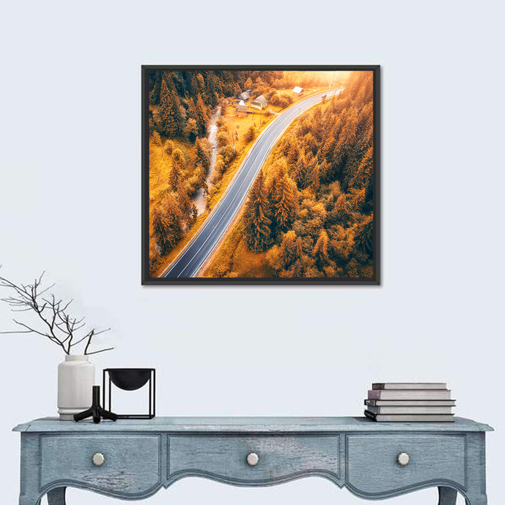Carpathian Autumn Road Wall Art in a room, square