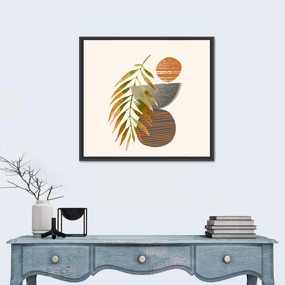 Palm Leaf Over Geometric Circles Wall Art in a room, square