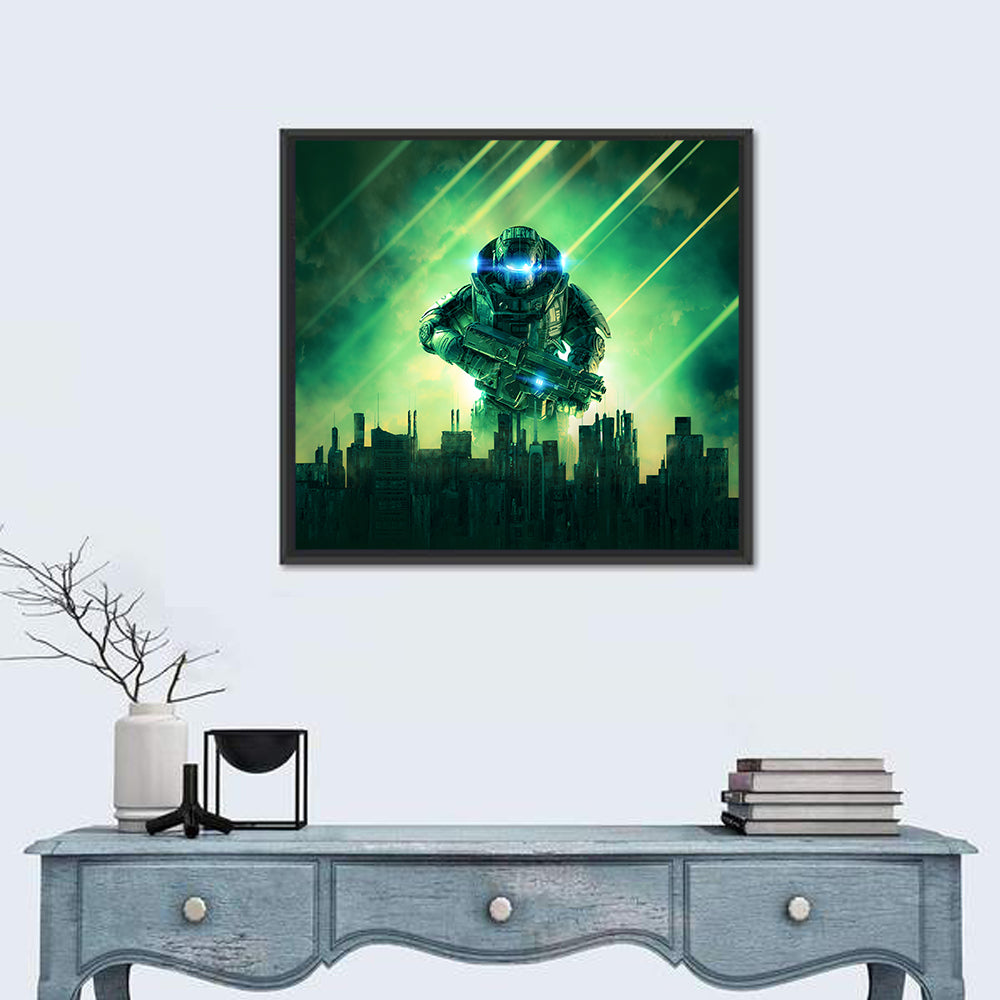 Towering Sci Fi Warrior Wall Art in a room, square