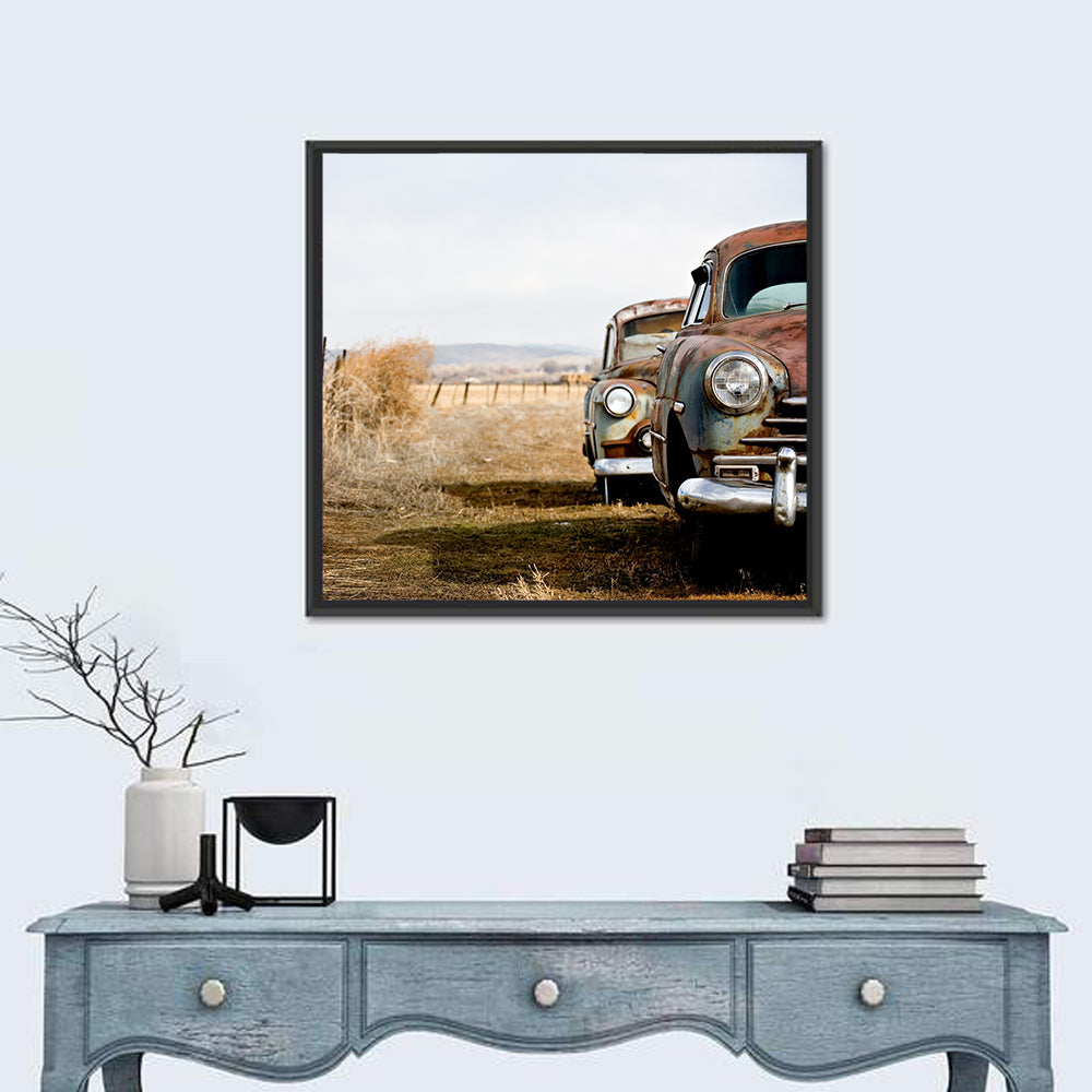 Abandoned Rusty Vintage Cars Behind Barbed Wire Wall Art