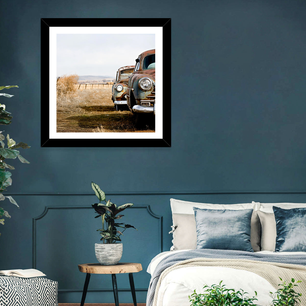 Abandoned Rusty Vintage Cars Behind Barbed Wire Wall Art