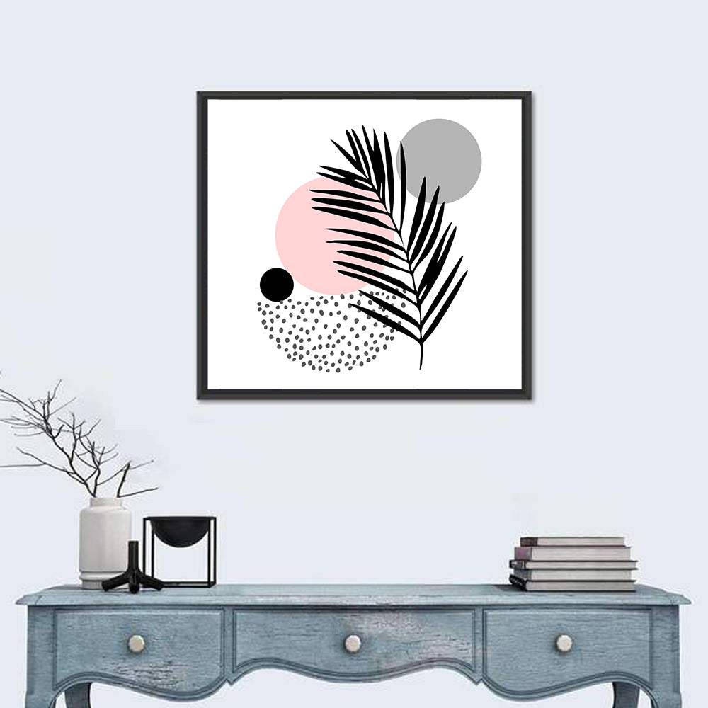 Pink Sun Moon Palm Leaf Illustration Wall Art in a room, square