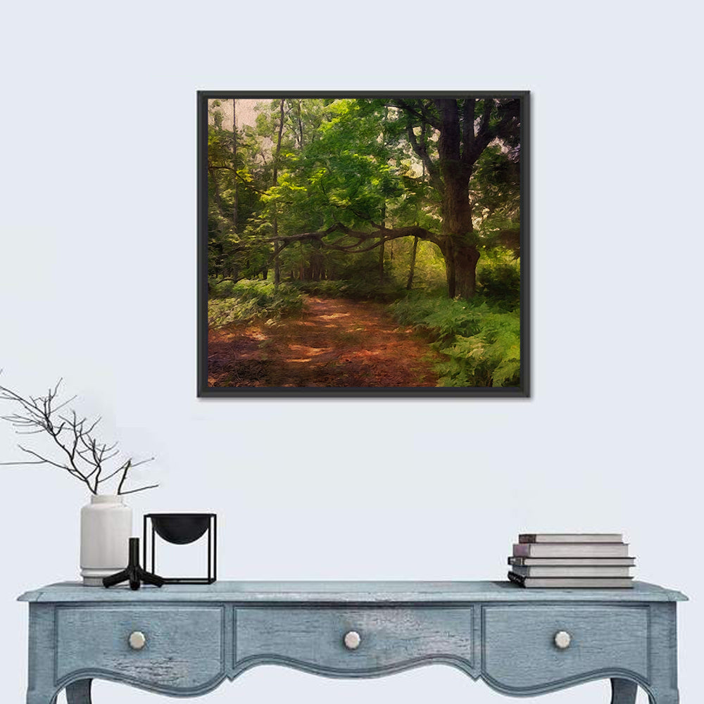 Sunlit Forest Trail Wall Art in a room, square