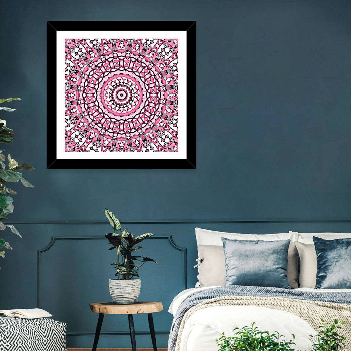 Pink Mosaic Kaleidoscope Mandala Wall Art in a room, square