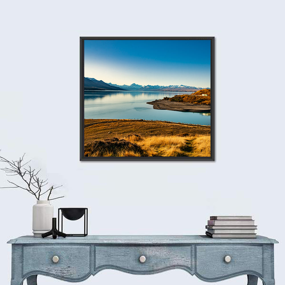 Lake Pukaki Golden Hour with Mount Cook Wall Art in a room, square