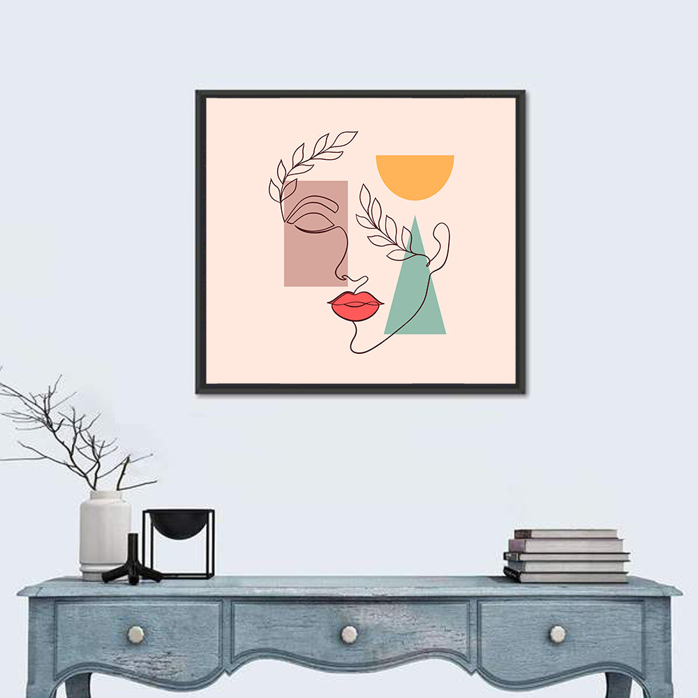 Minimal Woman Profile with Red Lips Wall Art in a room, square