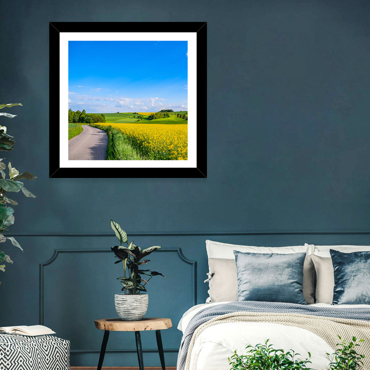 Rapeseed Field Road Under Blue Sky Wall Art