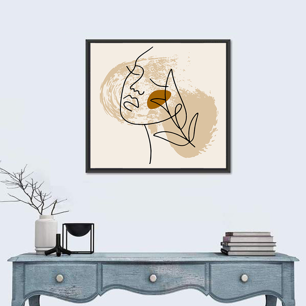 Minimalist Woman Line Portrait Wall Art in a room, square