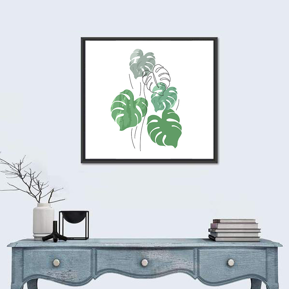 Monstera Leaves Watercolor Study Wall Art in a room, square