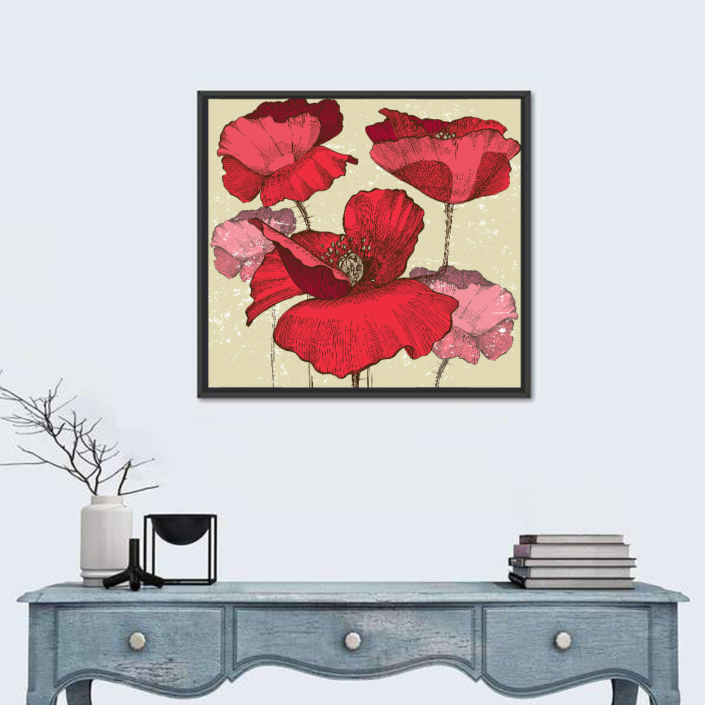 Vintage Poppy Illustration Wall Art in a room, square