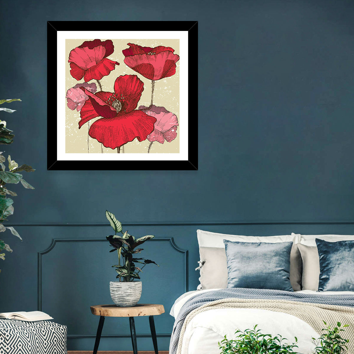 Vintage Poppy Illustration Wall Art in a room, square