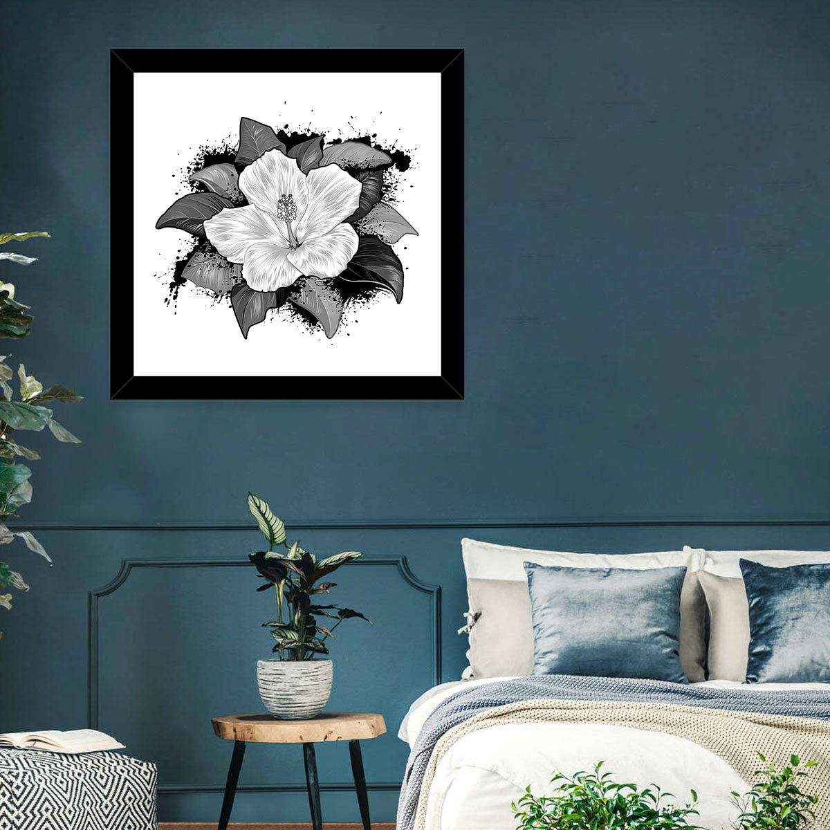 Ink Splatter Hibiscus Illustration Wall Art in a room, square
