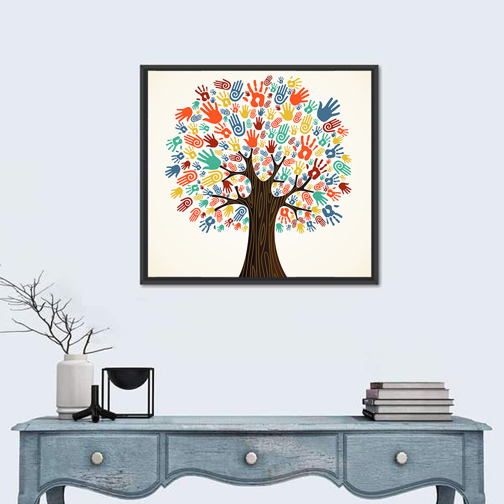 Colorful Handprint Tree Wall Art in a room, square