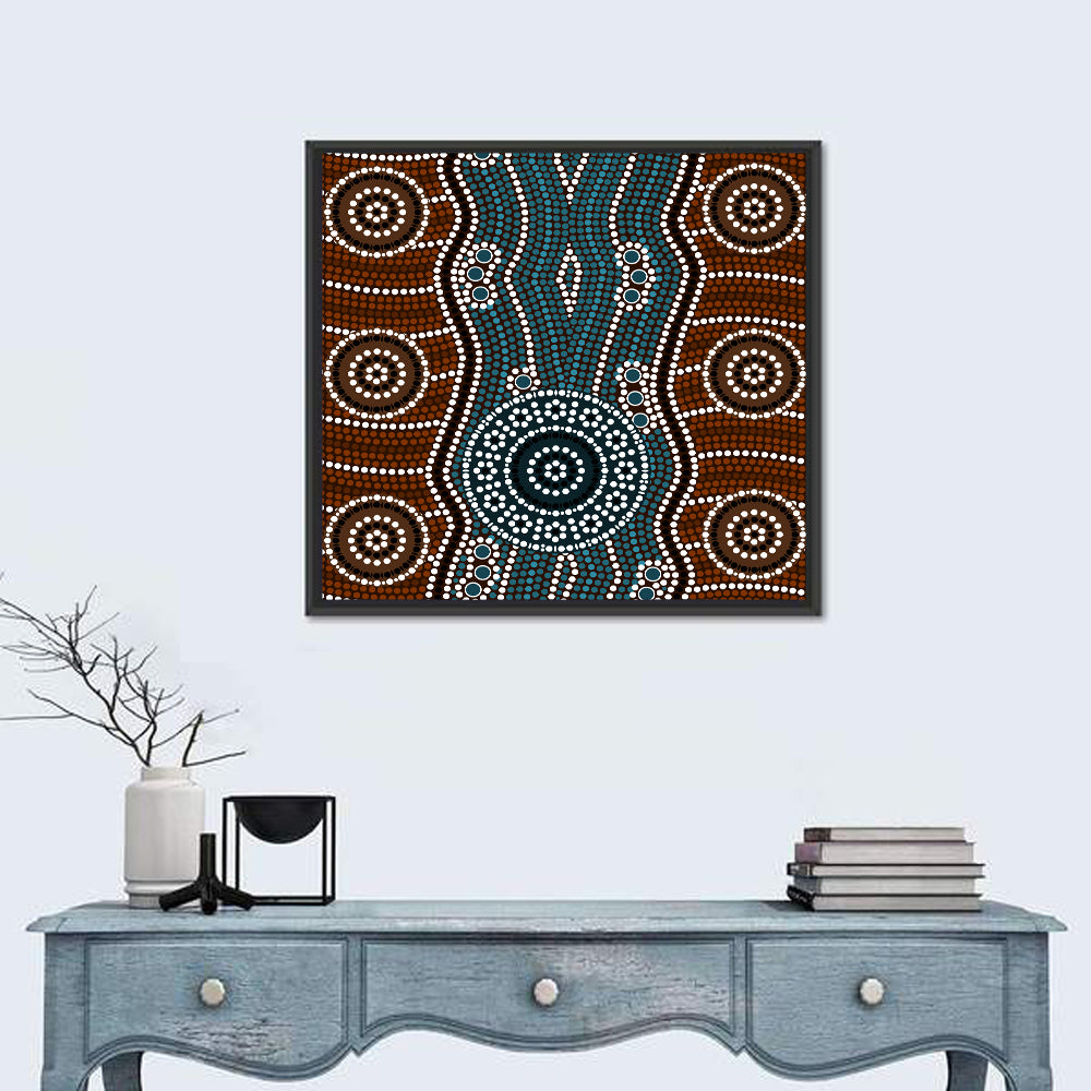 Concentric River Dot Painting Wall Art in a room, square