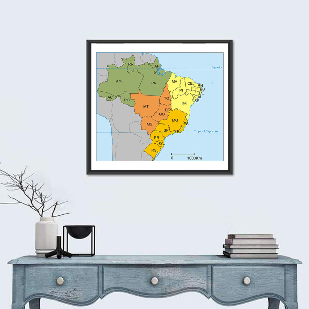 Brazil Map with State Codes Wall Art