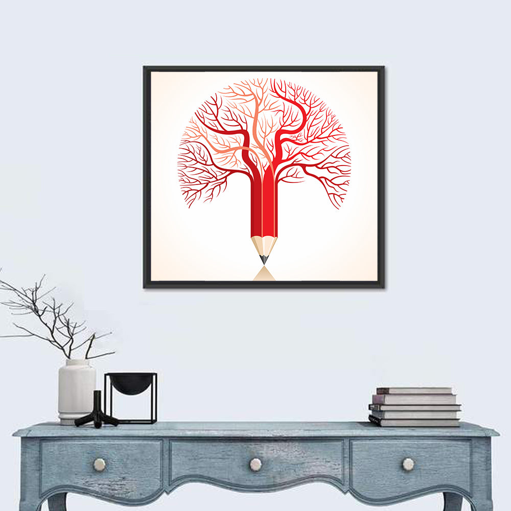 Knowledge Tree Pencil Illustration Wall Art in a room, square