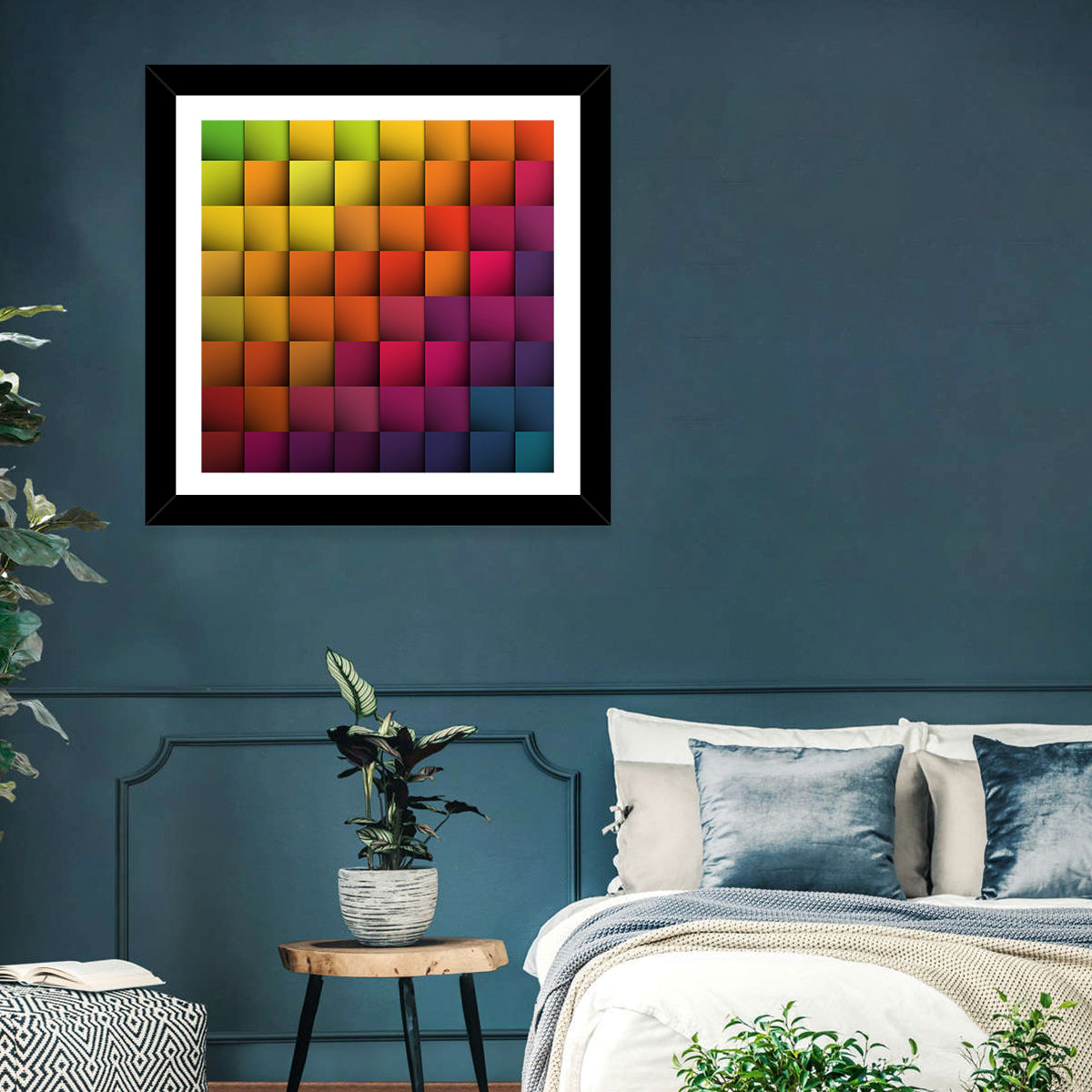 Vibrant Gradient Squares Grid Wall Art in a room, square