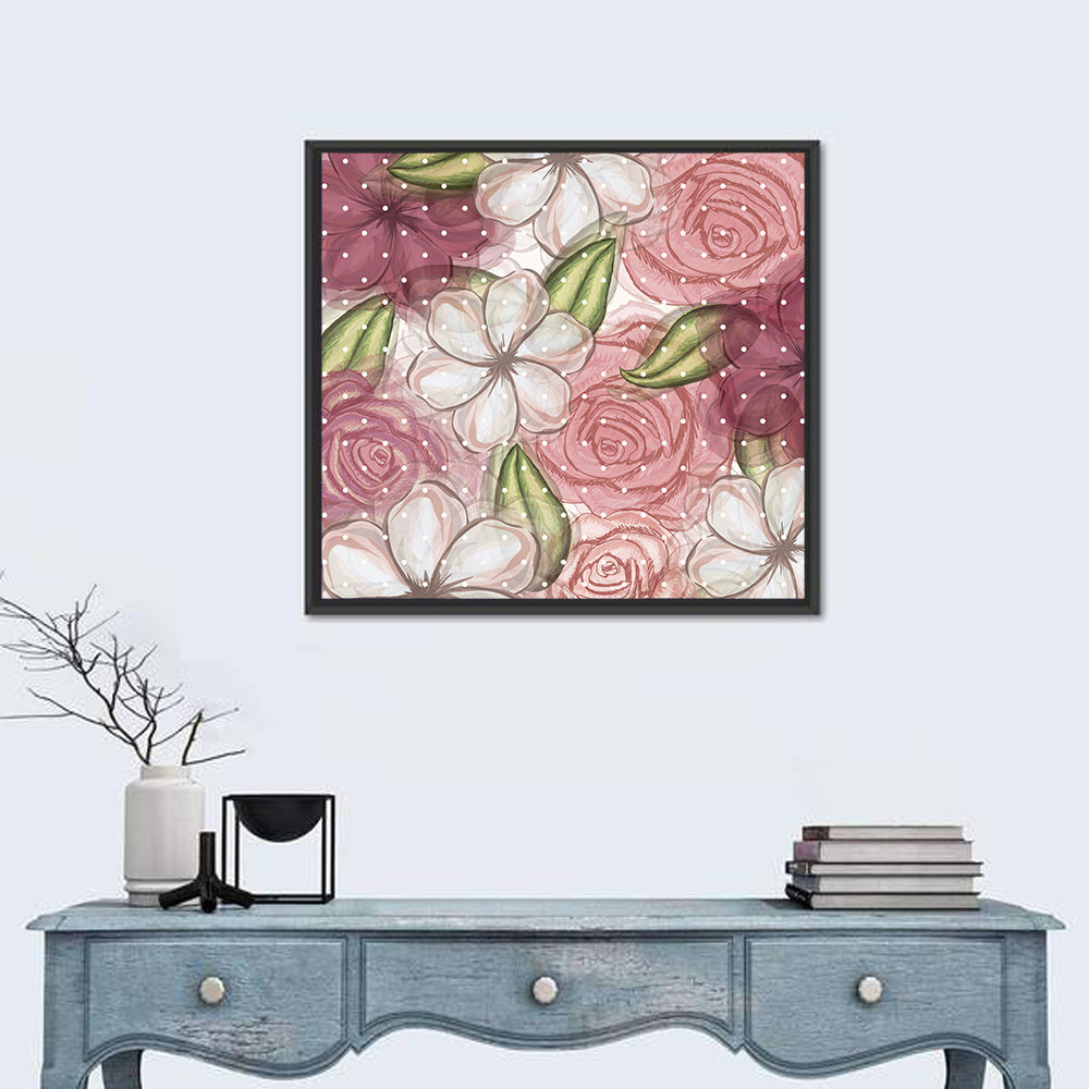 Vintage Floral Pattern with Polka Dots Wall Art in a room, square