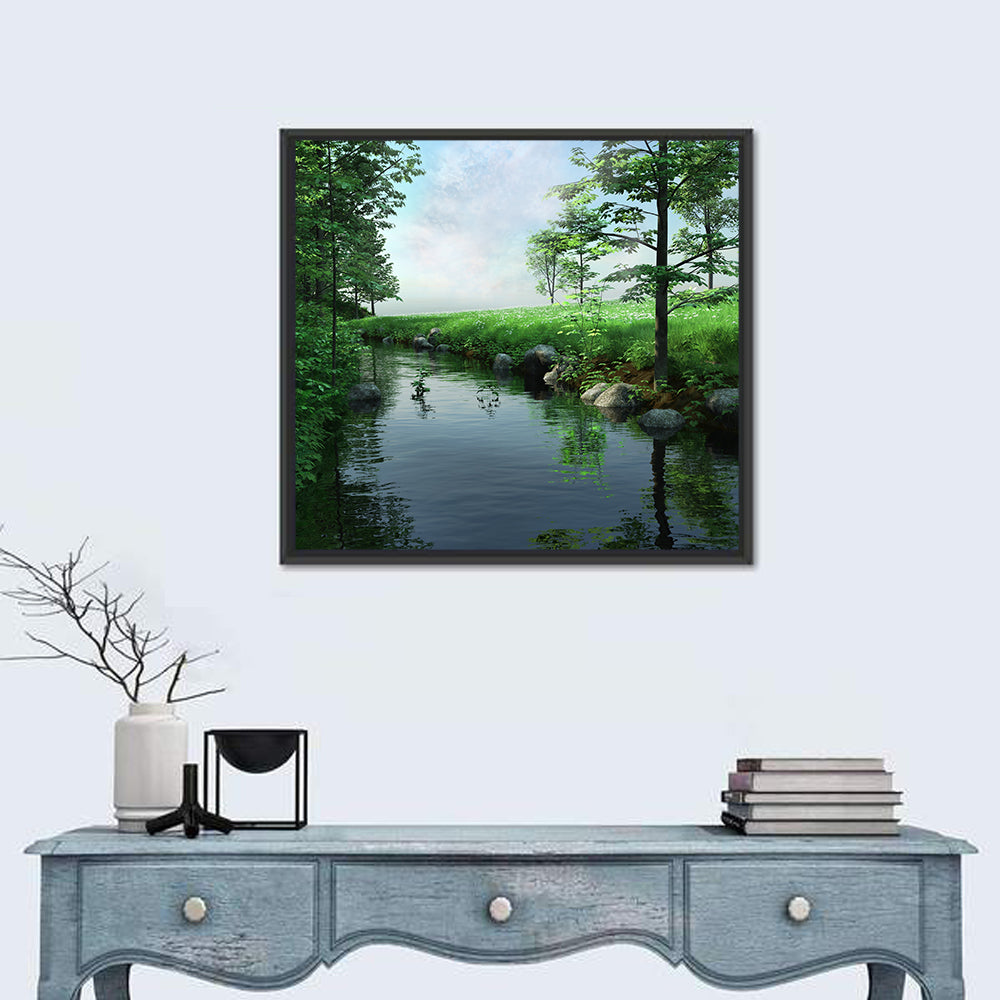 Tranquil Meadow Stream with Wildflowers Wall Art