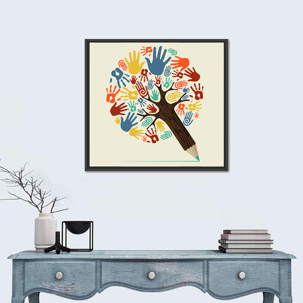Handprint Tree Illustration Wall Art in a room, square