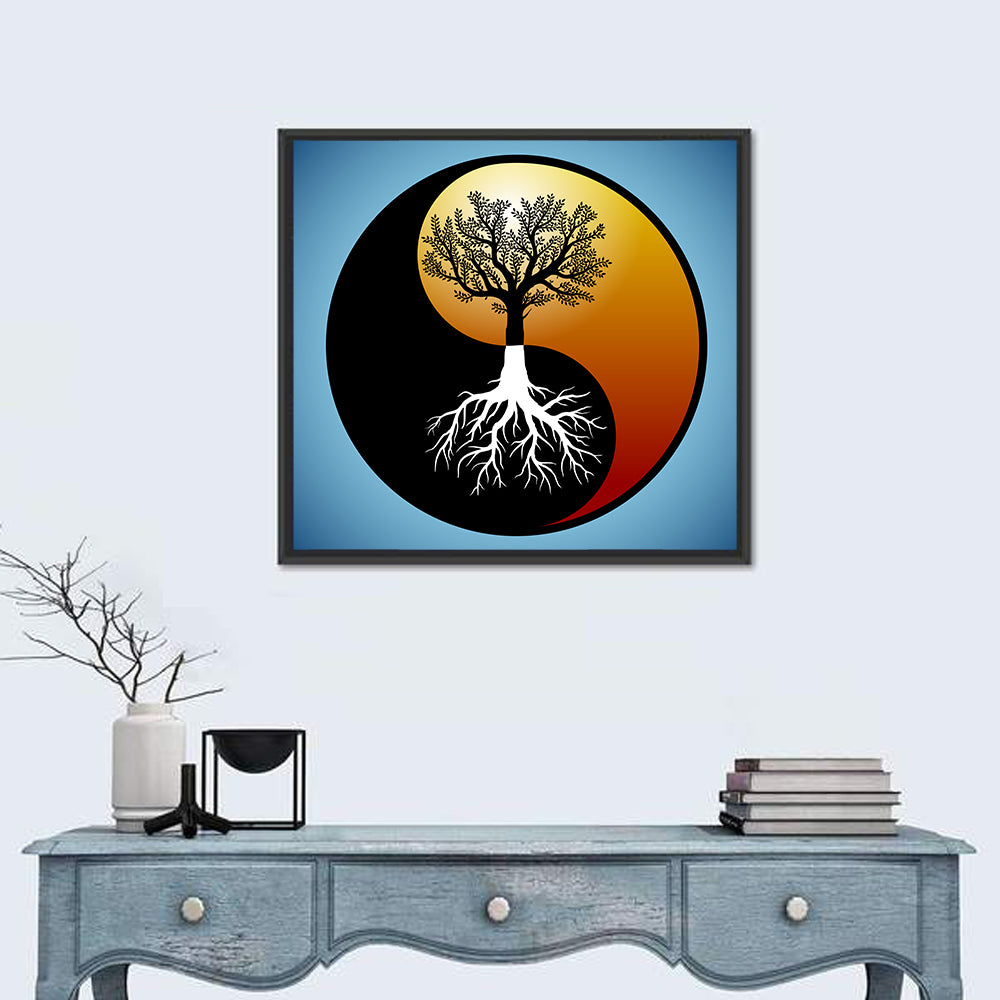 Yin Yang Tree Illustration Wall Art in a room, square