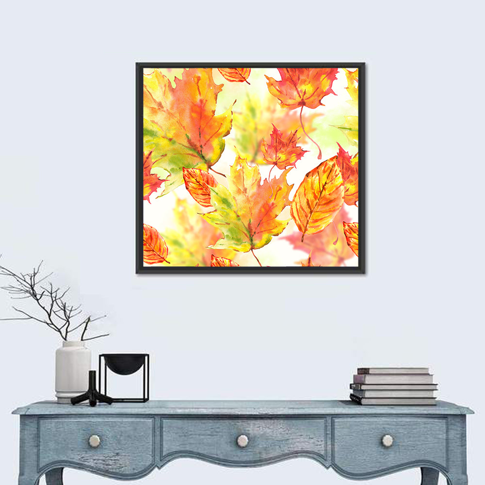 Falling Autumn Leaves Wall Art in a room, square