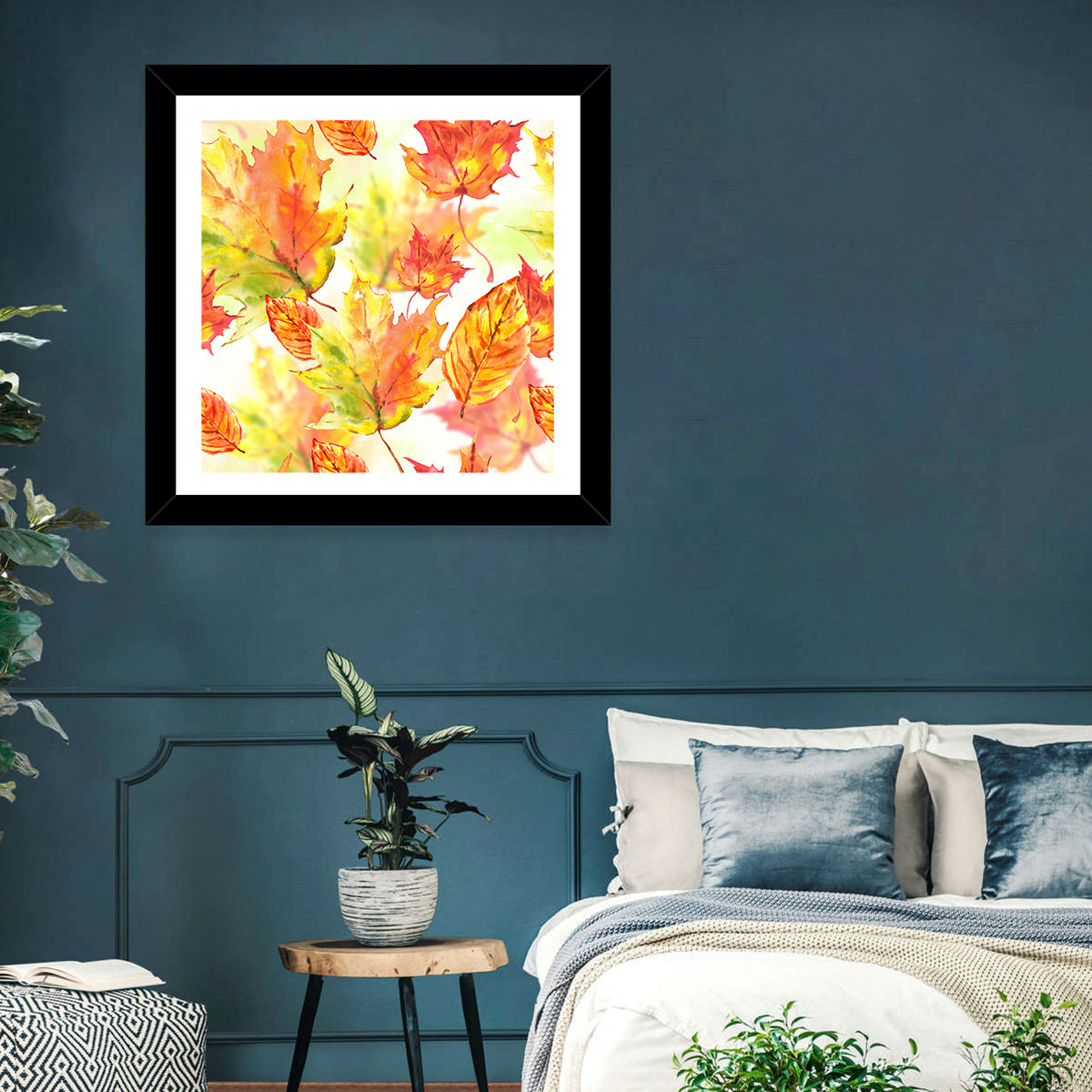 Falling Autumn Leaves Wall Art in a room, square