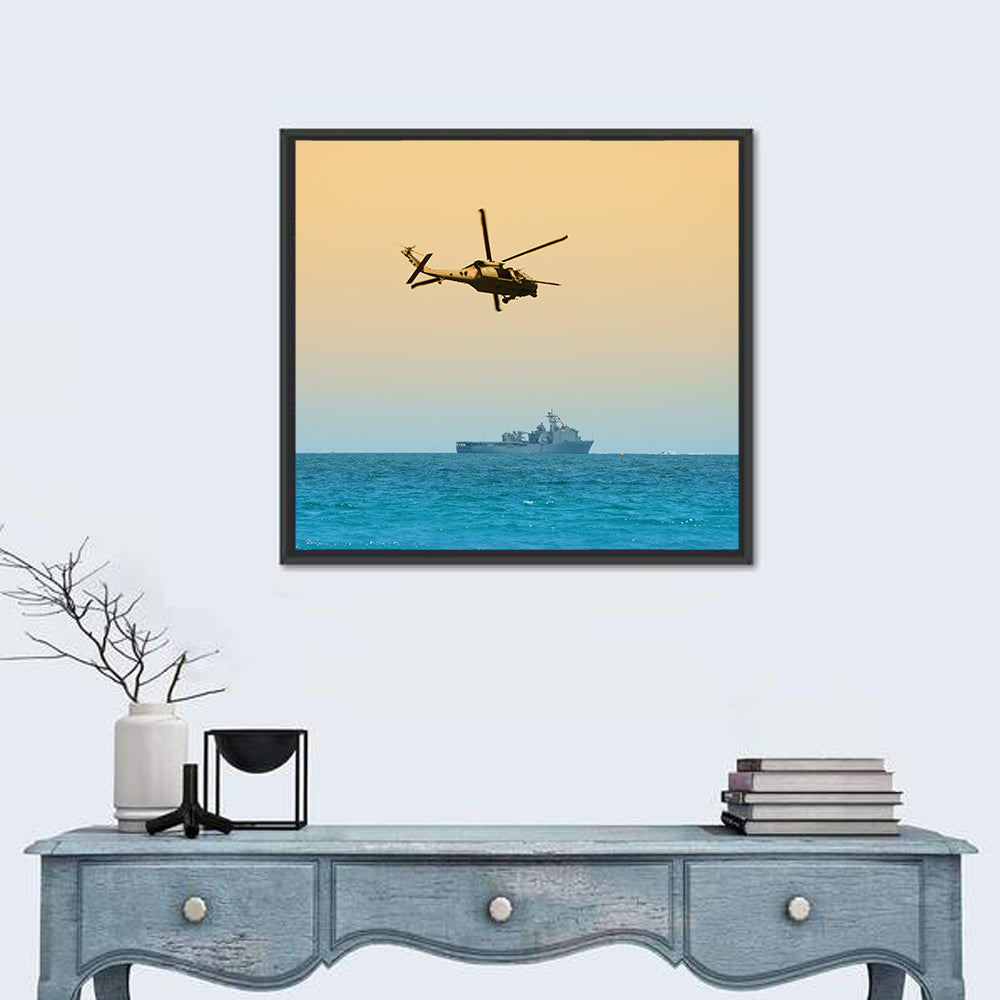 Helicopter Over Warship at Sea Wall Art