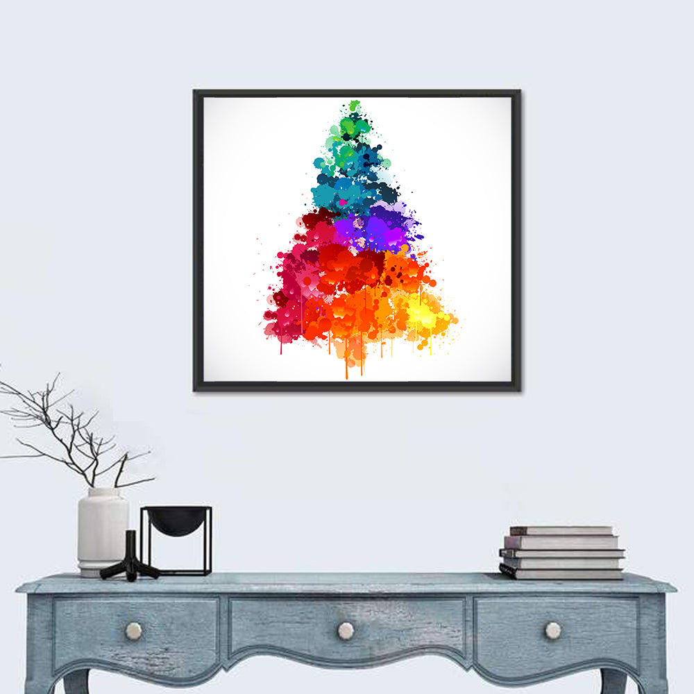 Watercolor Rainbow Christmas Tree Wall Art in a room, square