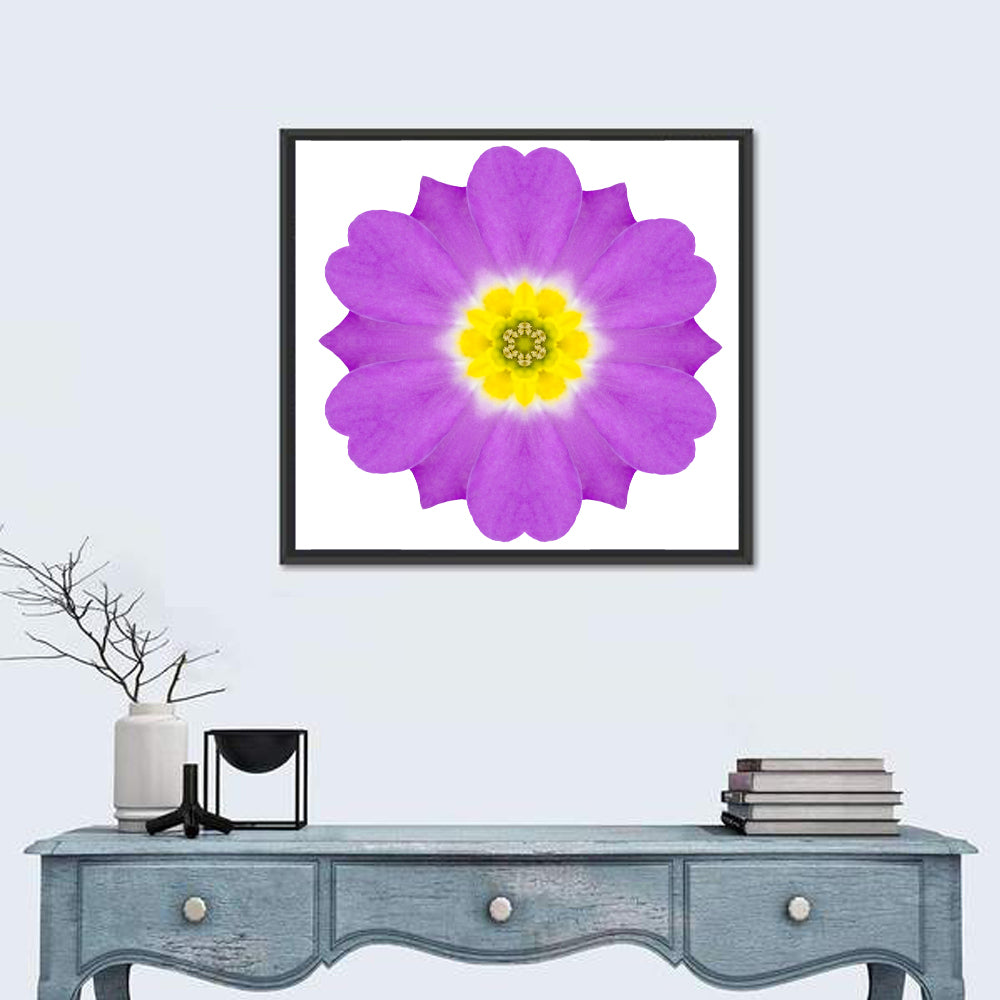 Kaleidoscopic Primrose Mandala Wall Art in a room, square