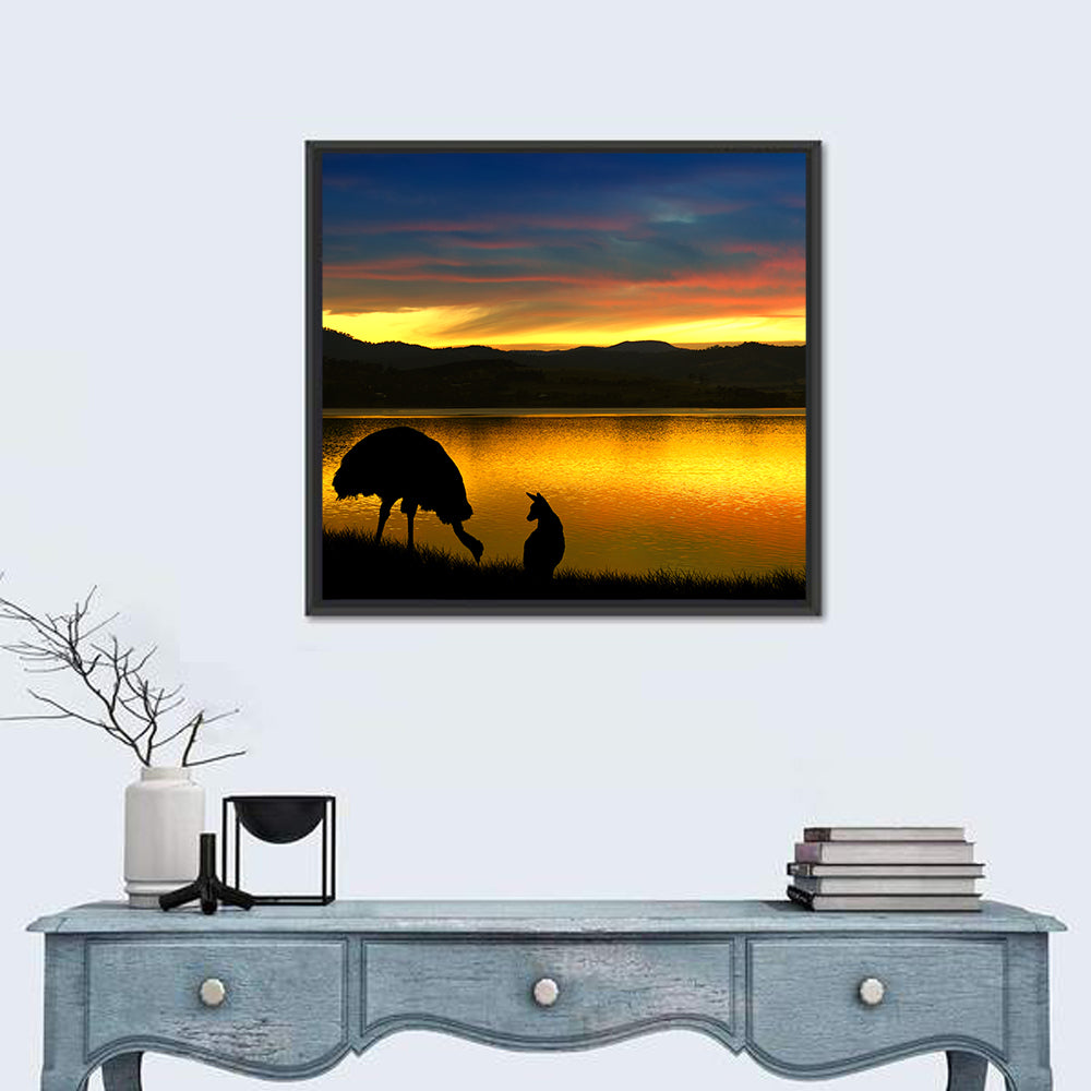 Kangaroo and Emu at Lake Sunset Wall Art