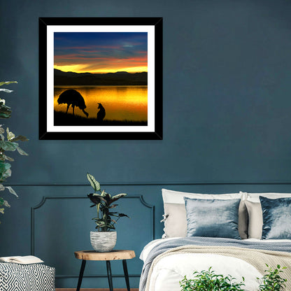 Kangaroo and Emu at Lake Sunset Wall Art