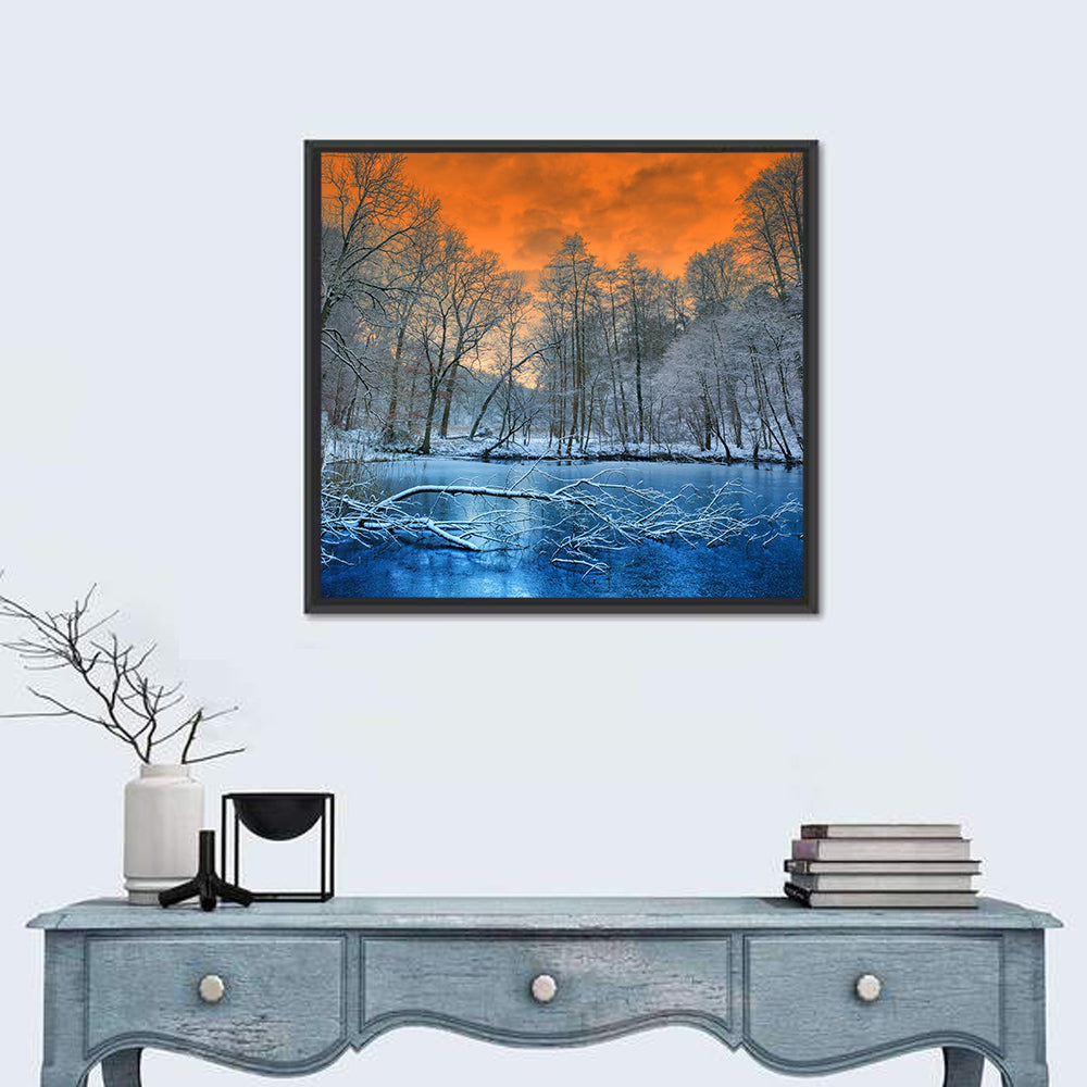 Sunset Over Winter Forest Lake Wall Art