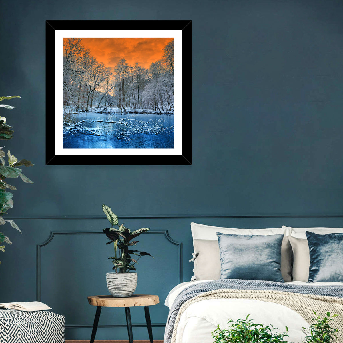 Sunset Over Winter Forest Lake Wall Art
