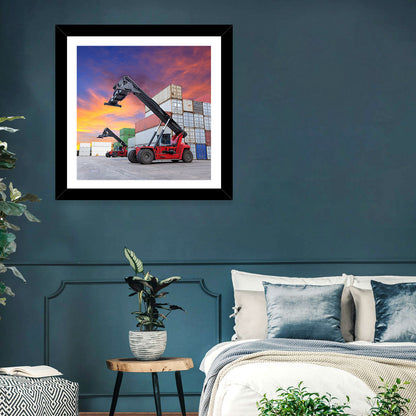 Red Reach Stackers at Sunset Wall Art