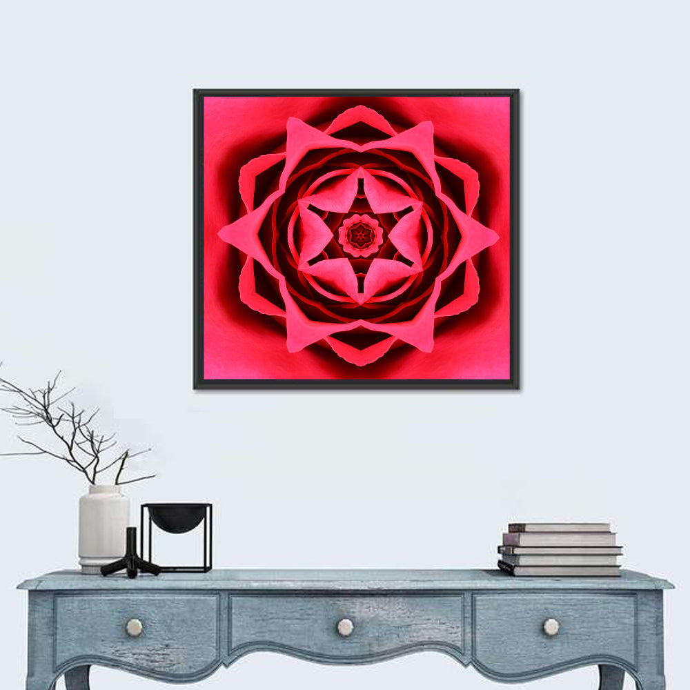 Kaleidoscopic Rose Petal Mandala Wall Art in a room, square